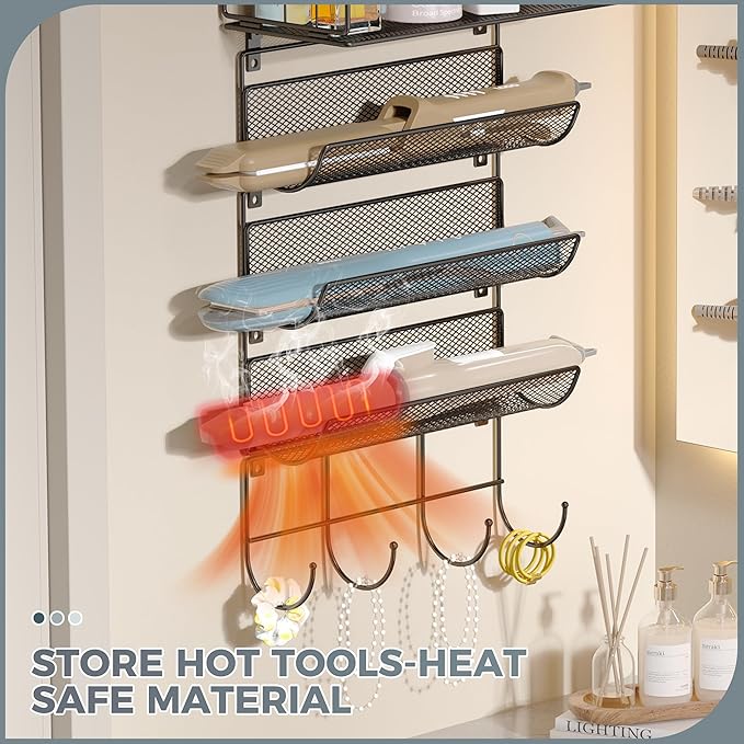 Hair Dryer Holder-Wall-Mounted Styling Tool Organizer 5 Tiers Styling Tool Organizer with Hook Heat Safe Rack for Hair-Straighteners,Curling Wands,Flat Iron,Perfume,Cabinet Door Bathroom Kitchen