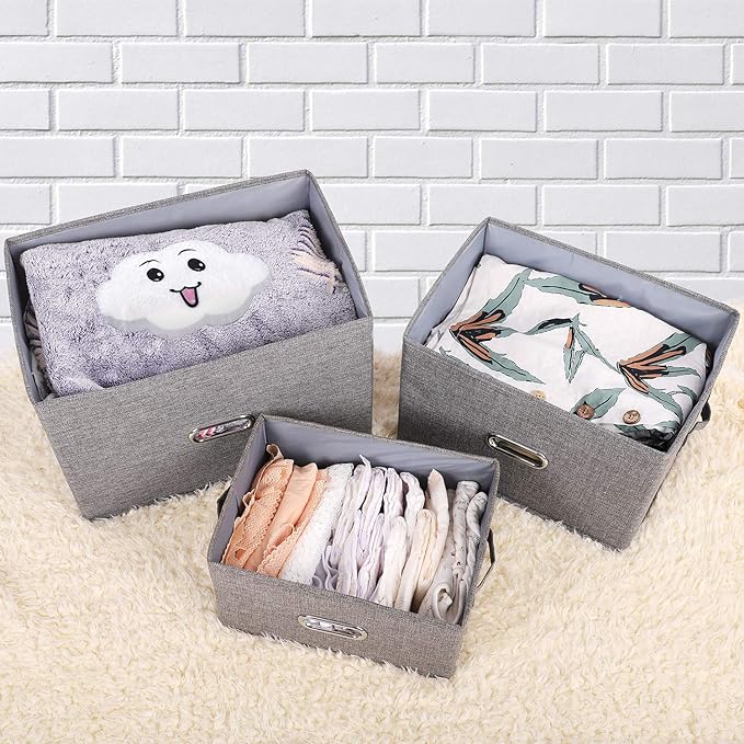 Large Linen Fabric Foldable Storage Bins with Removable Lid and Handles, Washable Storage Box Organizer Containers Baskets Cube with Cover for Bedroom,Office(Black, Small(2-Pack))-NeatNest