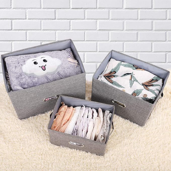 Large Linen Fabric Foldable Storage Bins with Removable Lid and Handles, Washable Storage Box Organizer Containers Baskets Cube with Cover for Bedroom,Office(Black, Small)-NeatNest