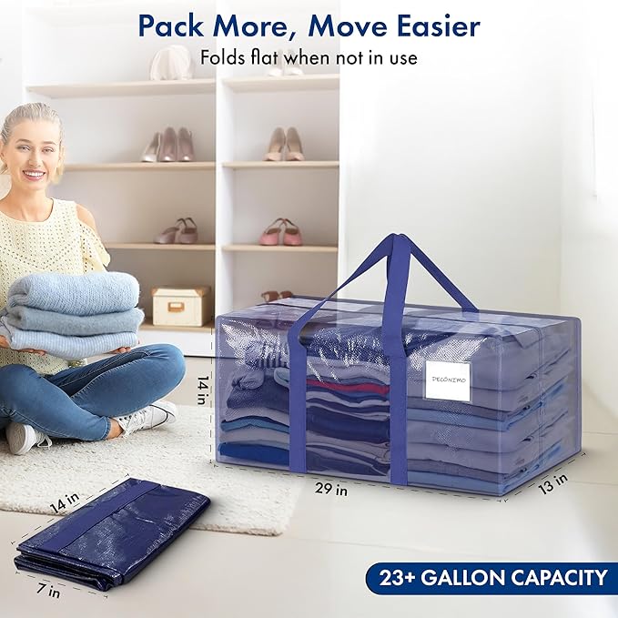 Extra Heavy Duty Large Moving Bags with Strong Zipper & Comfortable Handles - Sturdy & Durable Clothes Storage Bags Totes Bins - Large Storage Totes for Dorm, Space Saving 6 Packs (Dark Blue)