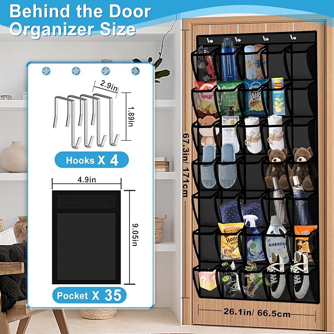 Aheroi 35 Pockets Large Over the Door Organizer, Breathable Mesh Pockets Hanging Shoe Organizer, Black Door Shoe Organizer Mesh Closet Shoe Holder Hanger Holds Up to 40 lbs, Space Saving Shoe Rack