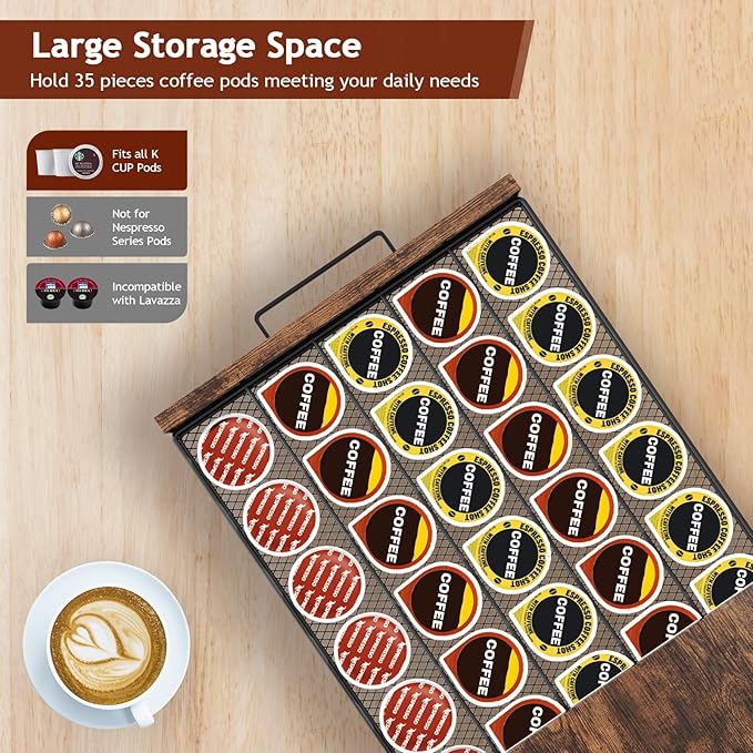 K Cup Holder Drawer - K Cup Storage Organizer, Coffee Pod Drawer with Hooks, Durable Iron-Wood Design, Space-Saving Coffee Station Organizer for Kitchen Counter-NeatNest