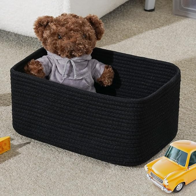 3-Pack Storage Baskets for Organizing | Woven Shelf Toy Basket | Rope Baskets for Gifts Empty | Closet Organizer Bins with Handles | Cube Decorative Box | 13.7×7.1×6.7” | Mixed Black-NeatNest