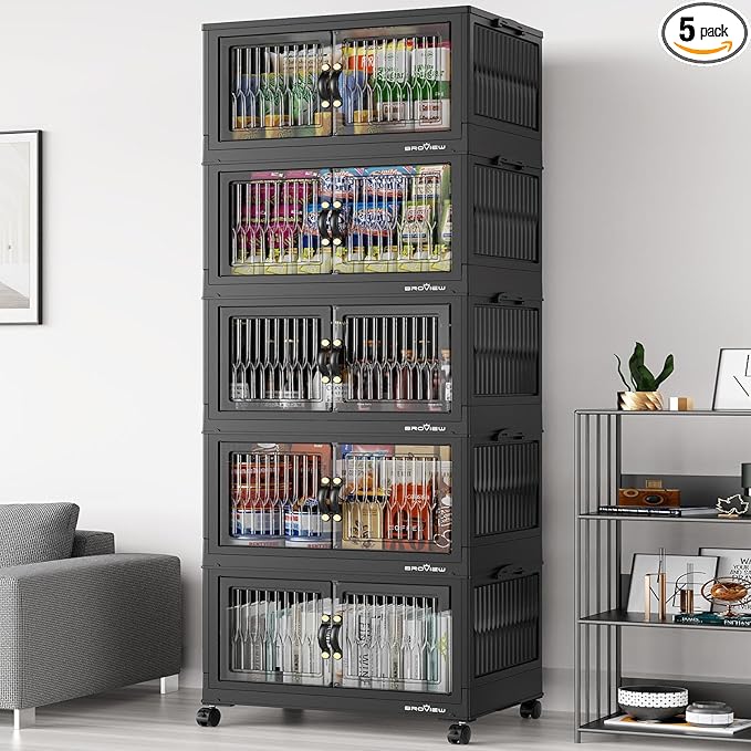 400Qt Stackable Storage Bins with Lid, Extra Large Closet Organizer Collapsible Drawer Boxes with Wheels, Folding Plastic Cabinet Containers for Home Kitchen Room Organization, 5Pack Black