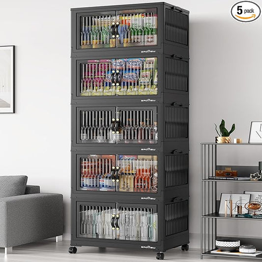400Qt Stackable Storage Bins with Lid, Extra Large Closet Organizer Collapsible Drawer Boxes with Wheels, Folding Plastic Cabinet Containers for Home Kitchen Room Organization, 5Pack Black