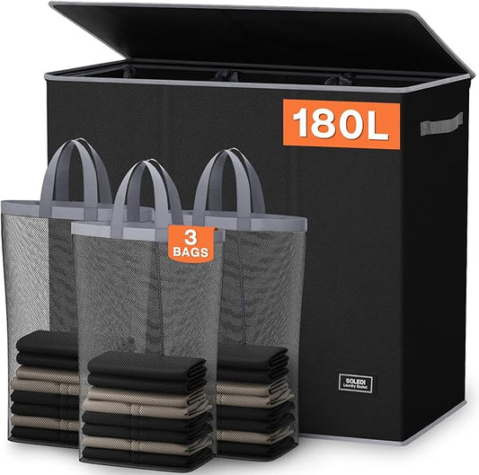 SOLEDI 180L Laundry Hamper 3 Section, Extra Large Laundry Hamper with Lid, Dirty Clothes Hamper with Sturdy Handle, Large Laundry Basket Organizer for Laundry Room, Bedroom, Hampers for Laundry-NeatNest