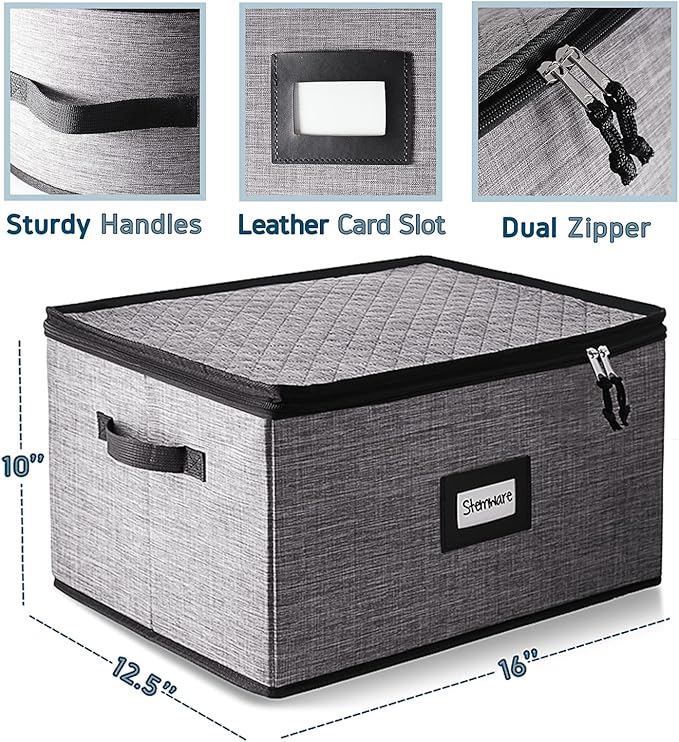 Hearth & Harbor Wine Glass Storage Box with Dividers, Quilted and Stackable Stemware Storage Cases, Service of 12 Glass China Container Hard Shell for Moving and Organization, Grey-NeatNest