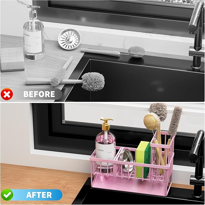 Cisily Pink Kitchen Sink Caddy Organzier with High Brush Holder, Sponge Holder for Sink, 304 Rustproof Stainless, Kitchen Countertop Soap Dispenser Organizer-NeatNest