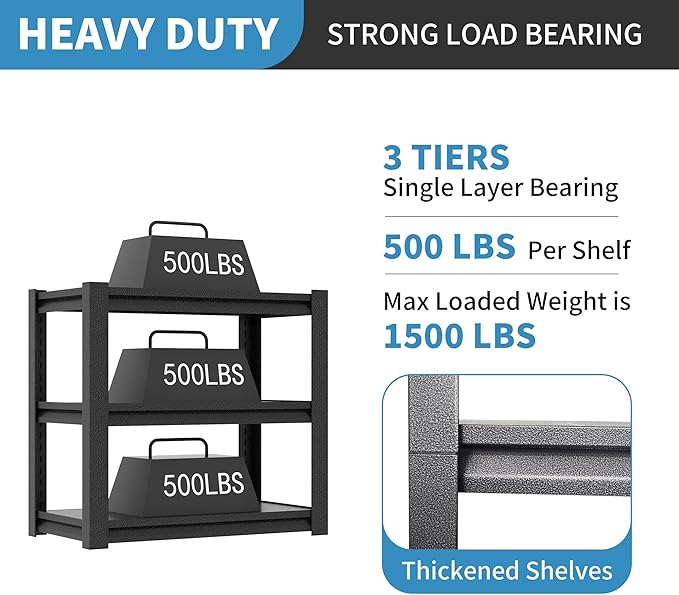 31.5" H Metal Storage Shelving, 1500LBS Heavy Duty Shelves Unit, Adjustable 3 Tier Storage Rack, Industrial Utility Shelf for Garage, Warehouse, Bedroom, Kitchen,18" D×34“W×31.5”H, Black-NeatNest