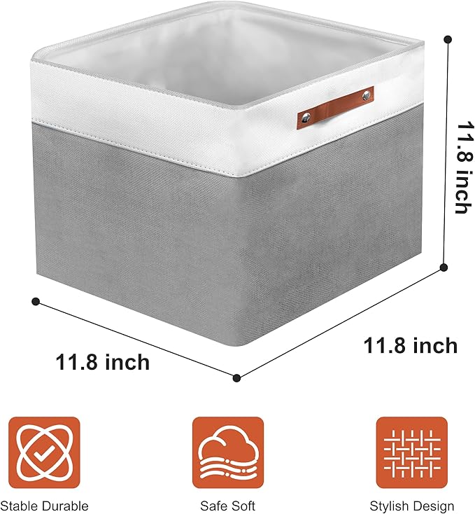 12in Open Fabric Storage Basket with Leather Handles for Organizing, Collapsible Linen Closet Bins for Shelves, Closets, Laundry, Decorative Basket for Gifts. (White＆Gray, 2PCS/12x12in)-NeatNest