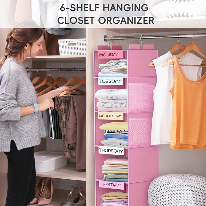 VERONLY Weekly Hanging Closet Organizer for Kids, 6-Shelf Clothes Storage with Labeled Days of The Week Monday Through Friday, Weekday and Weekend, Days of The Week Clothes Organizer-NeatNest