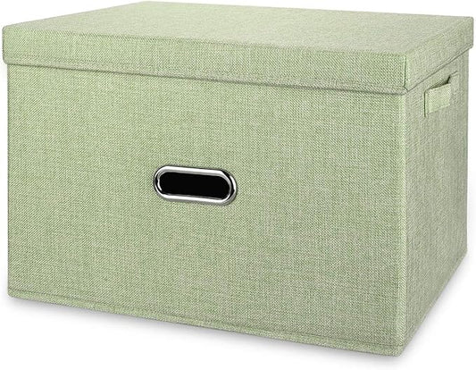 Large Linen Fabric Foldable Storage Bins with Removable Lid and Handles, Washable Storage Box Organizer Containers Baskets Cube with Cover for Bedroom,Office(Green, XXL)-NeatNest