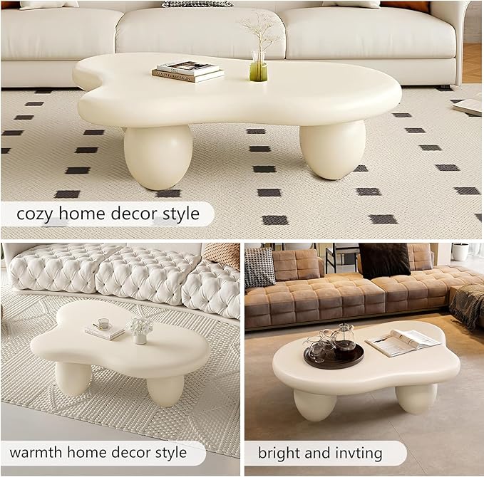 Cream White Cloud Shaped Coffee Table Modern Cloud Coffee Table for Living Room Irregular Cute Center Table with Thicken Round Edge And 3 Legs Low Coffee Table for Bedroom,Cloud c white 47.2"-NeatNest