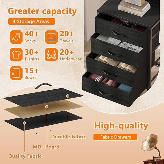 Furnulem Tall Nightstand with Charging Station, Night Stands with LED Lights and Storage Shelves, Bed Side Table for Bedroom, Hallway, Office, 4 Fabric Drawers (Black Oak)