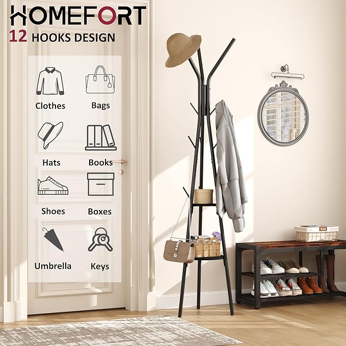 HOMEFORT Coat Rack, Coat Hanger Stand with 2 Shelves, Freestanding Hall Tree, Metal Hat Hanger with 12 Hooks for Clothes Hats and Scarves (Black)-NeatNest