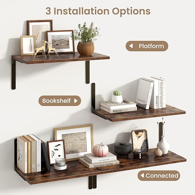 Floating Shelves for Wall, 12 Inch Deep Floating Shelves Set of 2, Wall Mounted Shelf with Metal Brackets, Rustic Wood Wall Shelf for Bathroom, Kitchen and Living Room, Rustic Brown, 24W x 12D-NeatNest