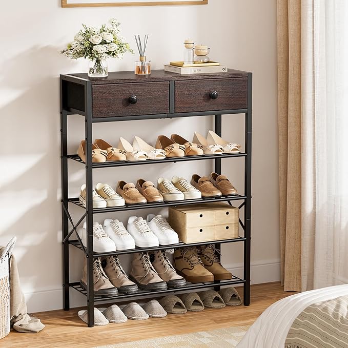 Shoe Rack for Entryway, 5 Tier Shoe Organizer with 2 Non-Woven Drawers, Metal Storage Shoe Shelf for 16-20 Pairs of Shoes, with Wooden Top and Steel Frame, Shoe Stand for Closet Dark Brown-NeatNest