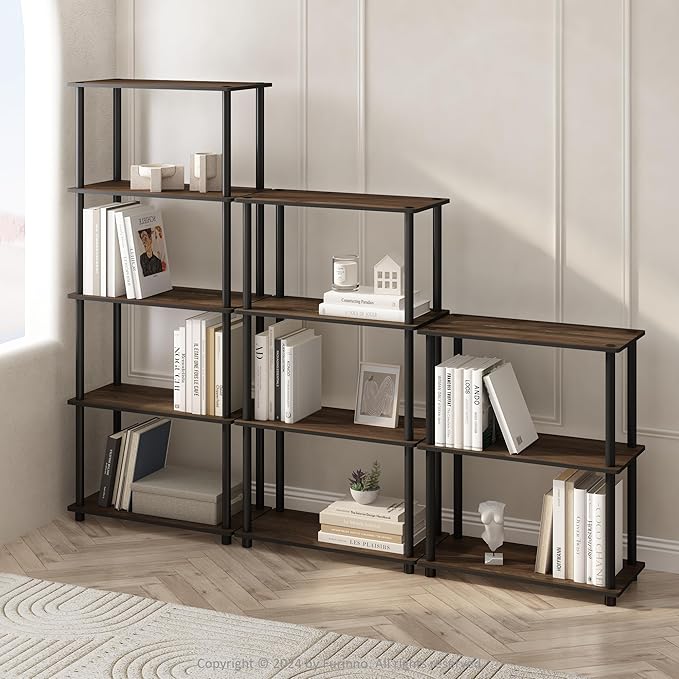 Furinno Turn-N-Tube 5-Tier Multipurpose Compact Bookcase, Columbia Walnut/Black-NeatNest