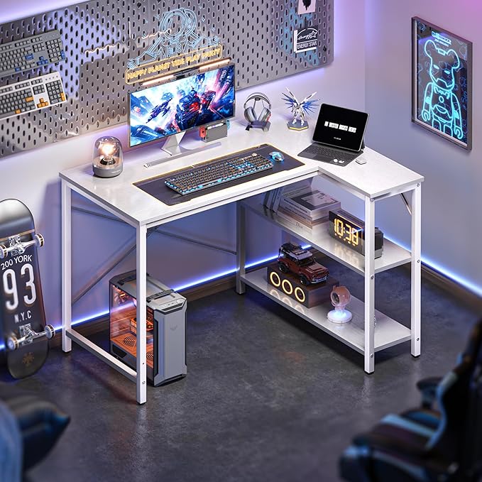 Huuger L Shaped Desk, 39 Inches Computer Desk with Reversible Storage Shelves, for Gaming Corner Home Office Writing Study, Metal Frame, White-NeatNest