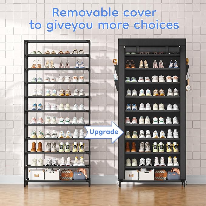 Simple Trending Tall Shoe Rack Organizer Holds 40 Pairs, 10 Tier Large Capacity Shoe Cabinet Storage with Cover for Closet, Black-NeatNest