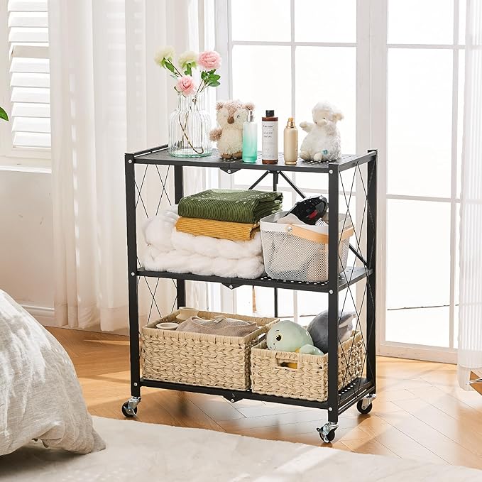 BRIAN & DANY 3-Shelf Foldable Storage Shelves with Wheels, No Assembly Folding Shelf Metal Rack, Shelving Unit for Kitchen, Garage, Black-NeatNest