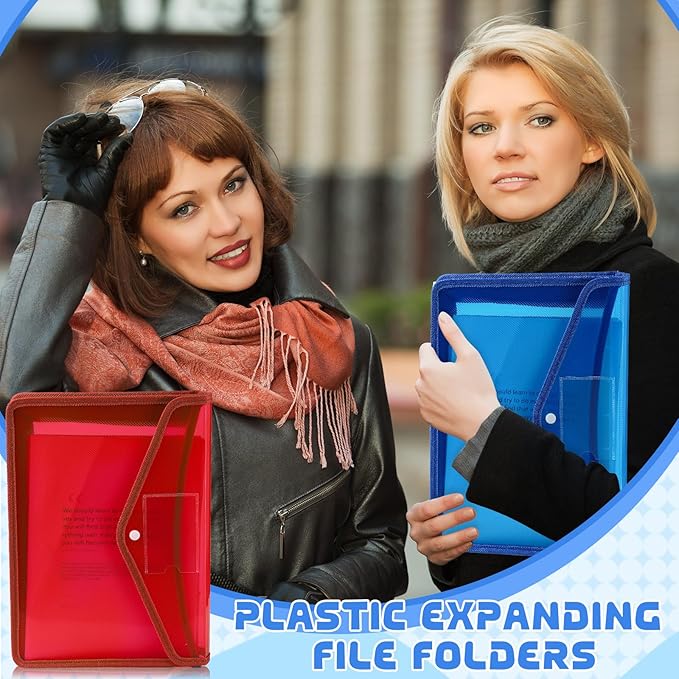 4 Pack A4 Expanding Plastic File Folders Waterproof Document Organizer with Snap Button Multiple Pockets, Office Home Office Storage (4 Color)
