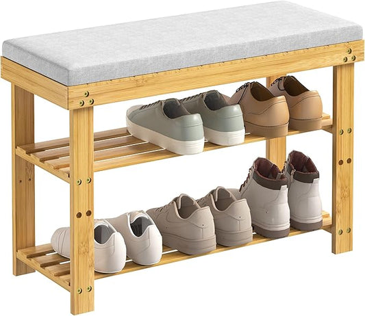ROOMTEC Bamboo Shoe Bench, 3-Tier Shoe Rack, Entryway Bench with Cushion and Adjustable Shelves, Shoe Rack for Entryway, Hallway, Mudroom and Living Room, Bamboo