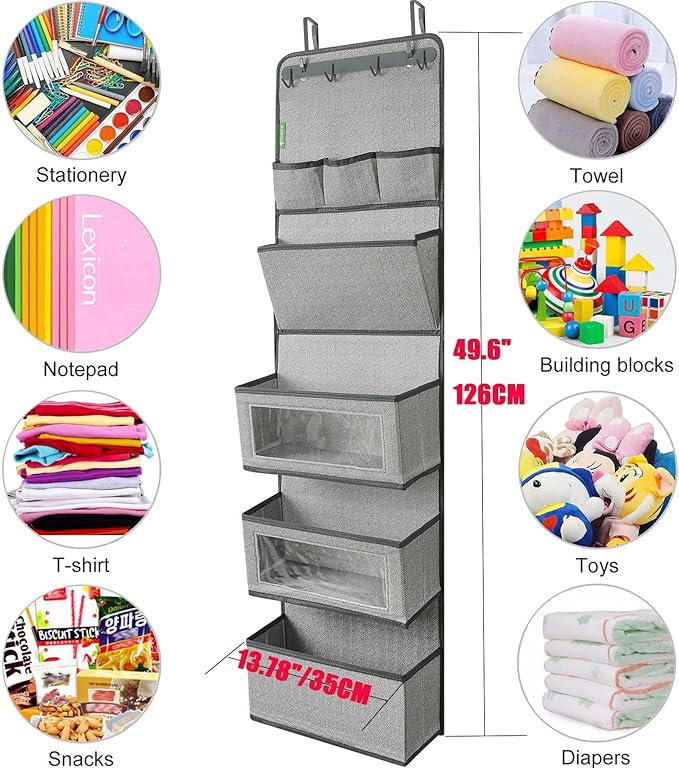 VICTORICH All-IN-ONE Over the Door Organizer, Super Behind the Door Storage Organizer with Door Rack and Large Clear Windows, Wall File Organizer, Hanging Organizer (New Herringbone Gray)