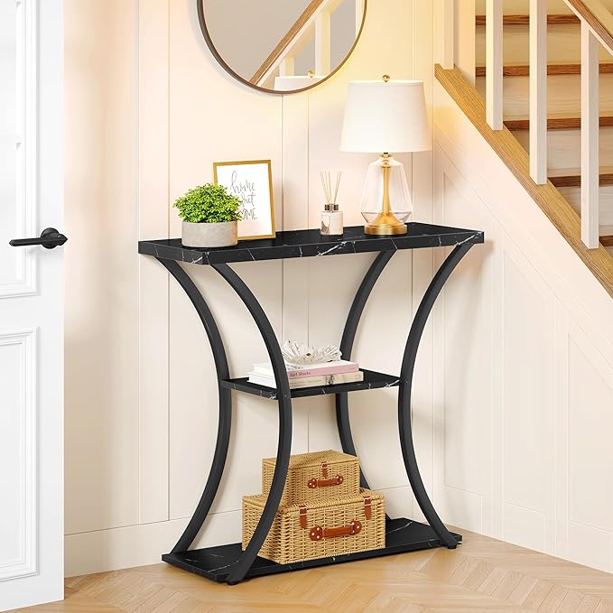 Hoctieon 3 Tier Console Table with Open Wood Shelves, Decorative Entryway Table with Curved Metal Frames, Narrow Sofa Table for Entrance, Living Room, Hallway, Black Marbled-NeatNest