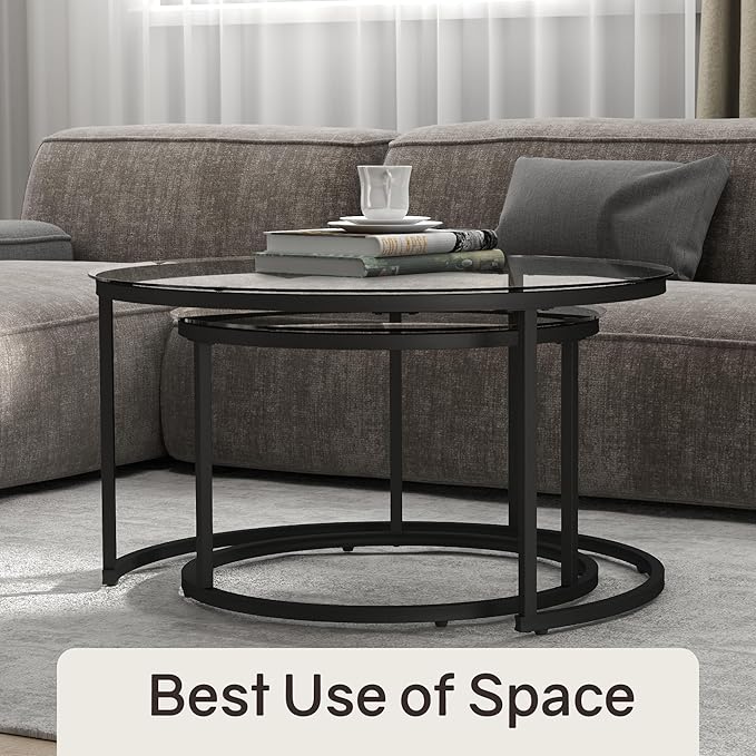 31.5" Nesting Coffee Table Set of 2, Round Nesting Coffee Tables with Tempered Glass Top, End Tables with Metal Frame for Living Room, Bedroom, Grey Transparent Glass