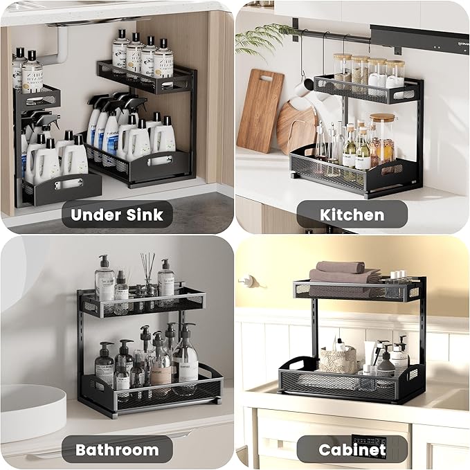 Under Sink Organizer,2 Pack Height Adjustable Under Sink Organizers and Storage, 2 Tier Under Sink Storage for Kitchen Bathroom Cabinet-NeatNest