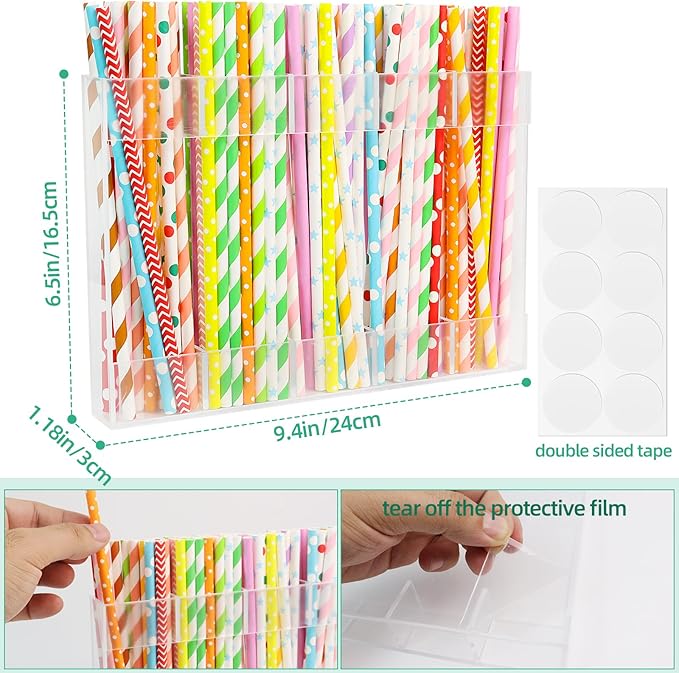 10" Straw Organizer for Cabinet - Reusable With Ultra Sticky Mount, Transparent Straw Storage Organizer for Cupboard Door, Small Kitchen Accessories Container