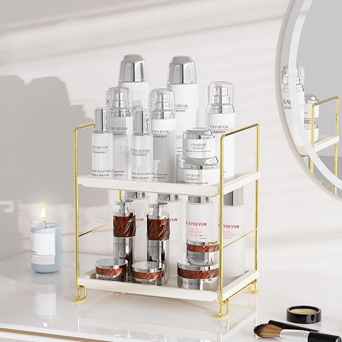 FSyueyun 2-Tier Bathroom Countertop Organizer, Tool-Less Installation Premium Plastics Makeup Shelf Organizer Perfume Skincare for Dresser Vanity Tray Organizers and Storage (Gold)-NeatNest