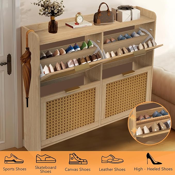 Hidden Shoe Storage Cabinets with 2 Flip Drawers and Metal Legs, Freestanding Narrow Shoe Organizer Rack for Entryway, Natural-NeatNest