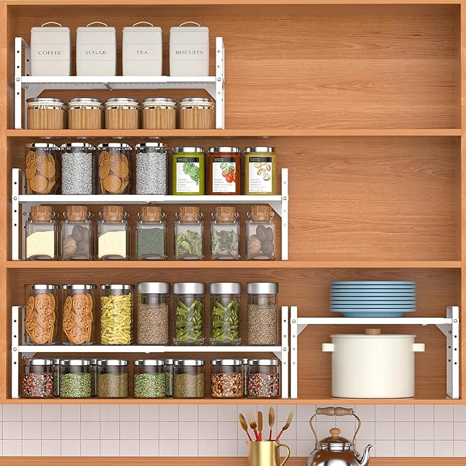iPEGTOP Expandable Cabinet Storage Shelf Organizer Rack, Heavy Duty Stackable Steel Metal Spice Rack Adjustable Height Pantry Garage Shelf for Counter Kitchen Organization, White - 2 Pack-NeatNest
