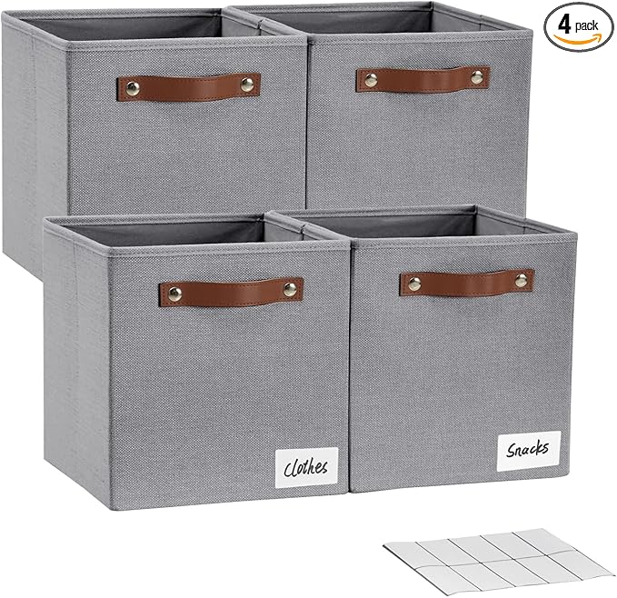 Collapsible Fabric Storage Cube Bins with 2 Reinforced PU Handles, Foldable Storage Organizer Baskets for Closet, Shelves, Living Room | 11"x11"x11", 4 Pack, Full Gray-NeatNest