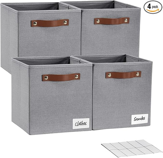 Collapsible Fabric Storage Cube Bins with 2 Reinforced PU Handles, Foldable Storage Organizer Baskets for Closet, Shelves, Living Room | 11"x11"x11", 4 Pack, Full Gray-NeatNest