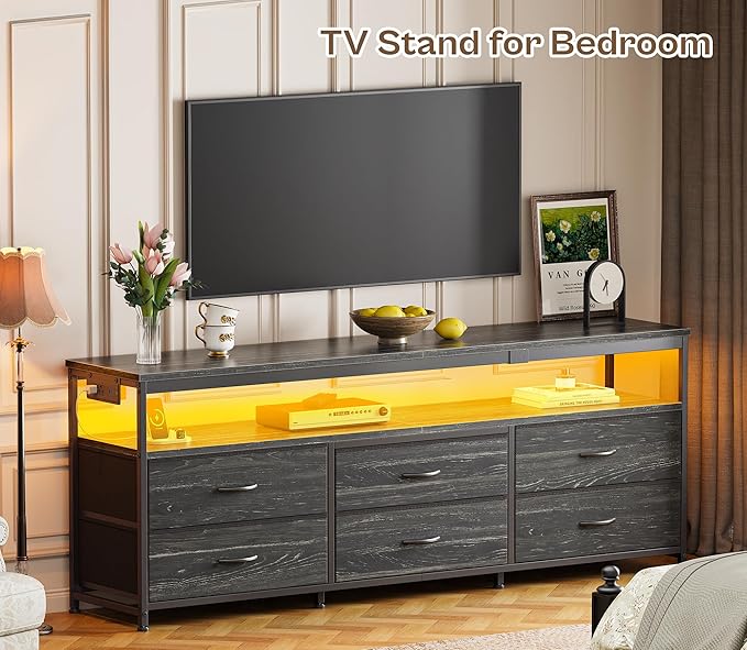 Huuger 63 Inch TV Stand for 55, 65, 70 Inch TV, Long Dresser TV Stand for Bedroom, Charcoal Black LED TV Stand with Power Outlets, Fabric Dresser with Storage, Entertainment Center for Living Room-NeatNest