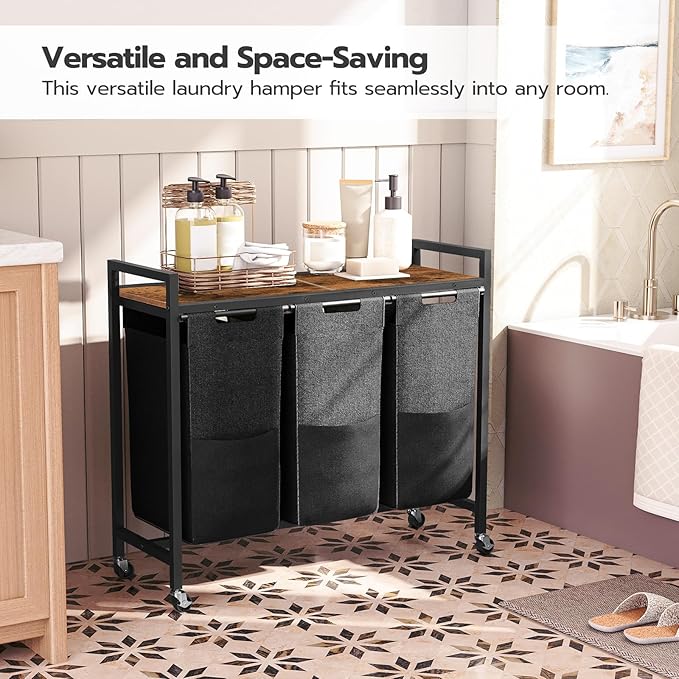 HOOBRO Laundry Sorter 3 Section, Laundry Hamper with Wheels, 3 × 11.5 Gal (43.5 L), Rolling Laundry Basket, Pull-Out and Removable Oxford Fabric Laundry Bags, Rustic Brown and Black BF76XY01-NeatNest