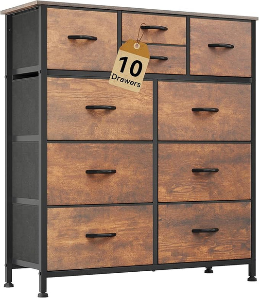 DWVO Dresser with 10 Drawers - Fabric Storage Tower, Organizer Unit for Living Room, Hallway - Sturdy Steel Frame, Wooden Top & Easy Pull Fabric Bins-NeatNest