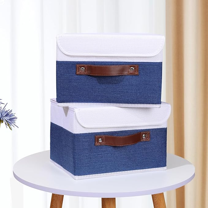 ANMINY 2PCS Storage Boxes with Lid Washable Decorative Storage Bin Basket with PU Leather Handle Foldable Linen Fabric Storage Cube Container for Home Closet Organizer - Deep Blue White, Small Size-NeatNest