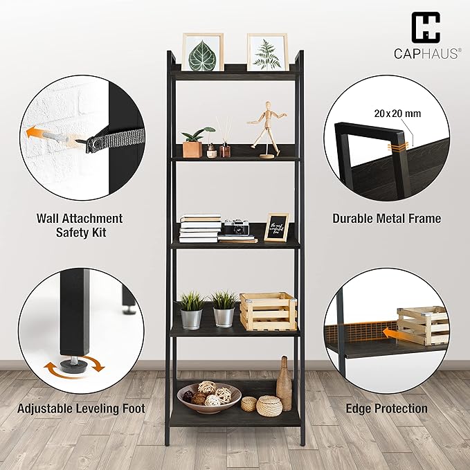 CAPHAUS 5 Tier Ladder Bookshelf, 24 Inch Width Free Standing Shelf, Bookcase Shelf Storage Rack Organizer, Industrial Book Shelves for Home Office, Living Room, Kitchen, Black Wooden Shelves-NeatNest