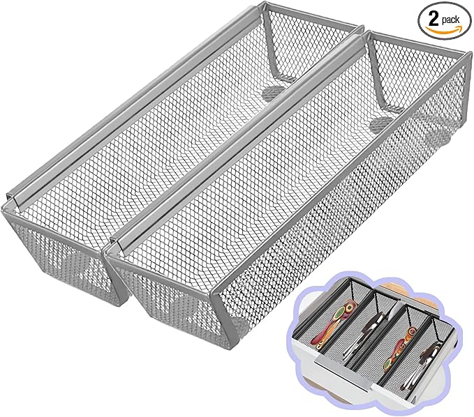 2PCS Drawer Organizer, Mesh Drawer Organizer with Interlocking Arm for Utensil, Cosmetic, Flatware, Pen (9 * 3 * 2 Inches, Grey)-NeatNest