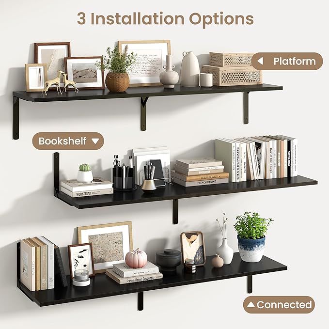 Fun Memories Floating Shelves for Wall, 12 Inch Deep Floating Shelves Set of 2, Wall Mounted Shelf with Metal Brackets, Rustic Wood Wide Shelf for Bathroom, Kitchen and Living Room, Black, 55W x 12D-NeatNest