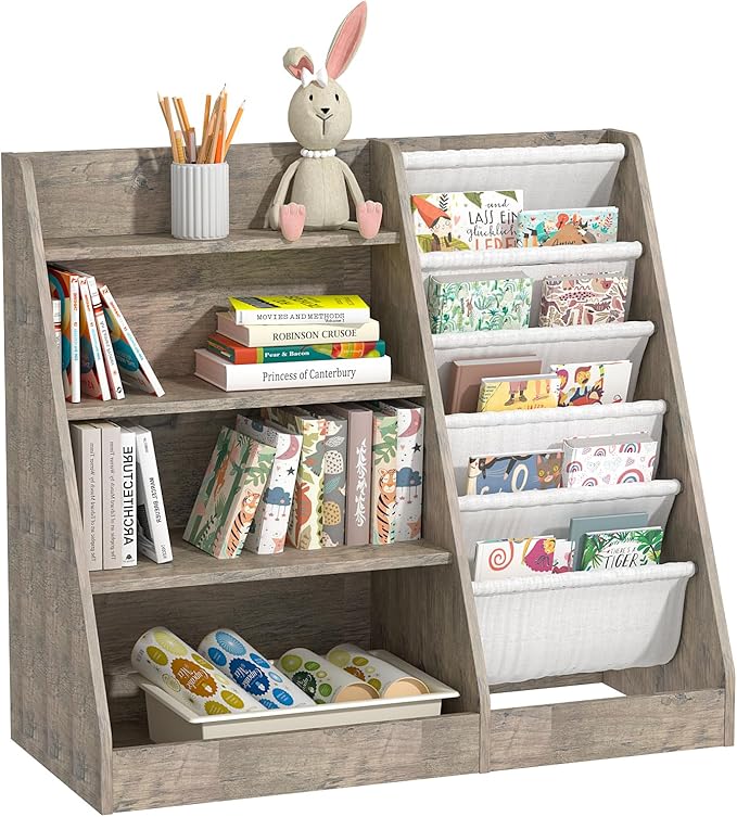 4 Tier Kid Bookshelf Wooden 5 Sling Children Bookcase Toddler Montessori Bookcase Book Rack Display Toy Storage Organizer Book Display Shelf Stand Classroom Bedroom Nursery Playroom (Grey Wood)