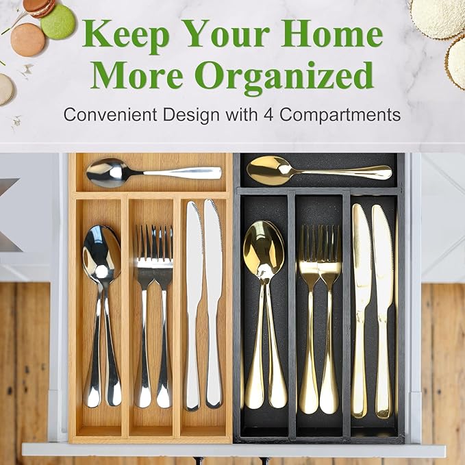 Ayiaren Small Wooden Silverware Organizer Tray Narrow Kitchen Drawer Dividers Utensil Organizers and Storage Black Cutlery Trays Spoon Flatware Organizer for Drawer Bamboo Cutlery Utensil Holder Tray-NeatNest