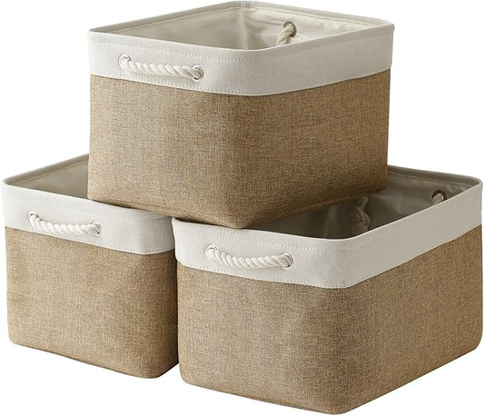 TheWarmHome Organization and Storage Basket for Gifts Empty - 16x12x12 inch Cube Storage bin 3 Pack Fabric Storage Cubes, Collapsible Baskets for Organizer Closet Cloth Gift Toy (White & Khaki)-NeatNest