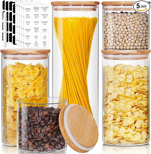 Glass Jars with Bamboo Lids [Muti Size Set of 5], Glass Canisters with Airtight Lids, Glass Food Storage Containers for Pasta, Oats, Coffee, Flour, Sugar, Rice, Best for Kitchen & Pantry-NeatNest