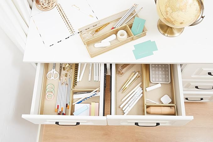 Annova Mesh Stackable Drawer Cabinet and Shelf Organizer Bins Storage Basket School Office Supply Holder Tray- Set of 2 (Gold, 6x12x2 Inch)-NeatNest