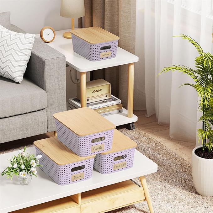 6-Pack Small 5 Qt Stackable Storage Bins with Bamboo Lids - Decorative Cute Plastic Baskets Boxes Containers with Labels for Organizing Shelves, Classroom, Closet, Desktop, Office - Purple-NeatNest